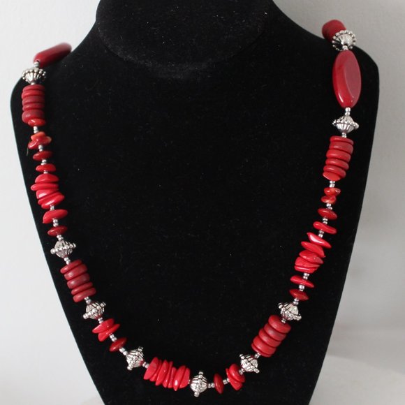 Chico's Jewelry - Chicos   Long Red Faux Stone and Silver  Beaded Strand  Necklace